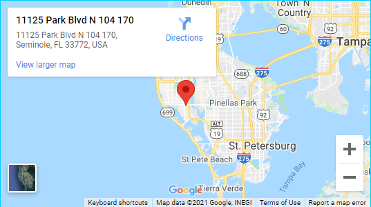 Map showing Chlorine King's Seminole, FL headquarters and Pinellas County service area